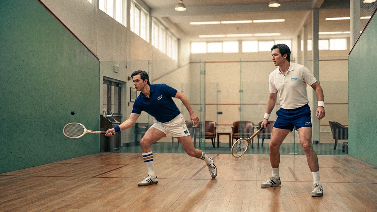Two players in Large Cap Records racquet uniforms on an indoor court.